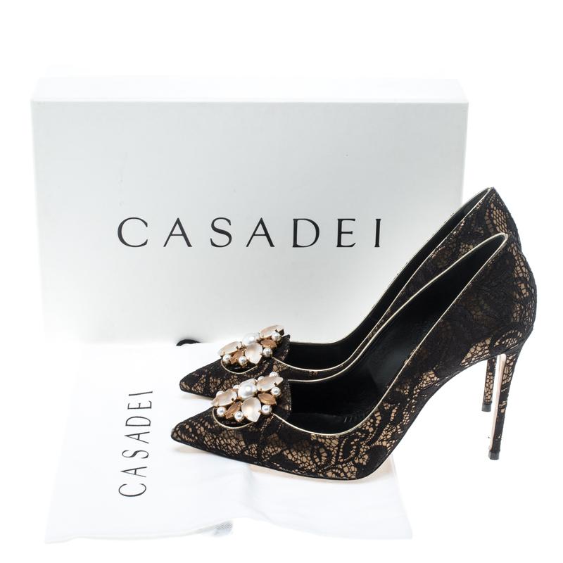 Casadei Black Lace Giulia Embellished Pointed Toe Pumps Size 37 4