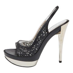 Casadei Black Laser Cut Leather Platform Slingback Sandals Size 37 Casadei Black Laser Cut Leather Platform Slingback Sandals Size 37