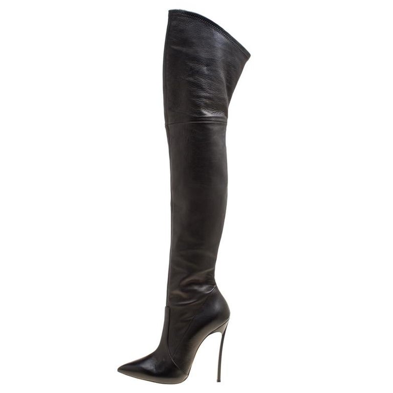 Casadei Black Leather Blade Over The Knee Pointed Toe Boots Size 37 at ...