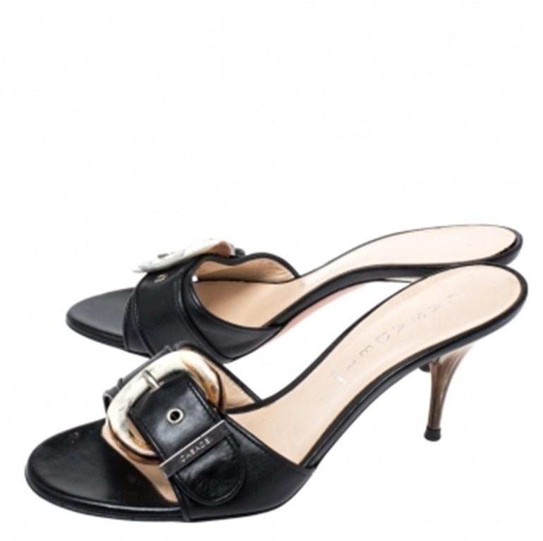 Casadei Sandales Slide en cuir noir avec boucle Taille 37.5 en vente 2