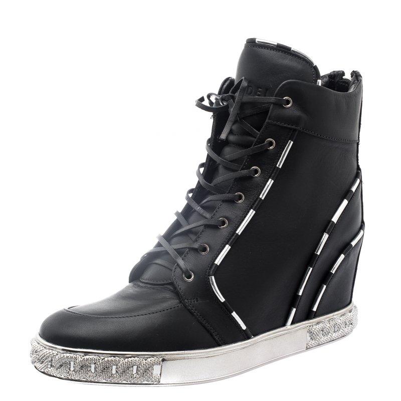 Casadei Black Leather Chain Detail Wedge Sneakers Size 41