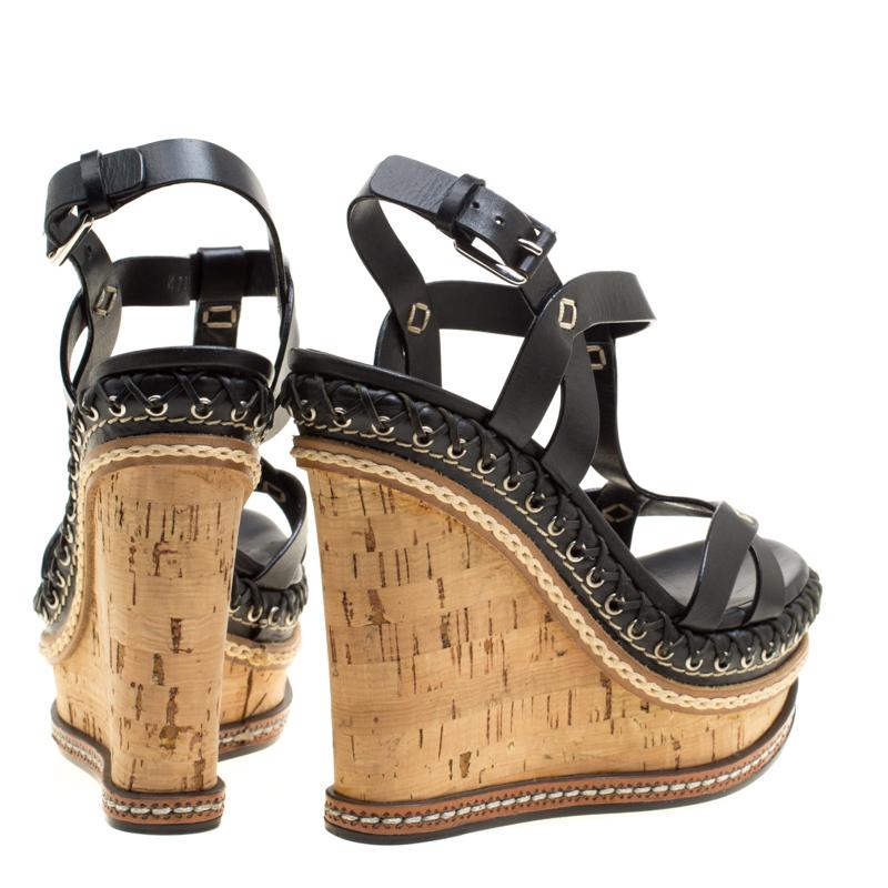 Casadei Black Leather Cork Wedge T Strap Sandals Size 35 1