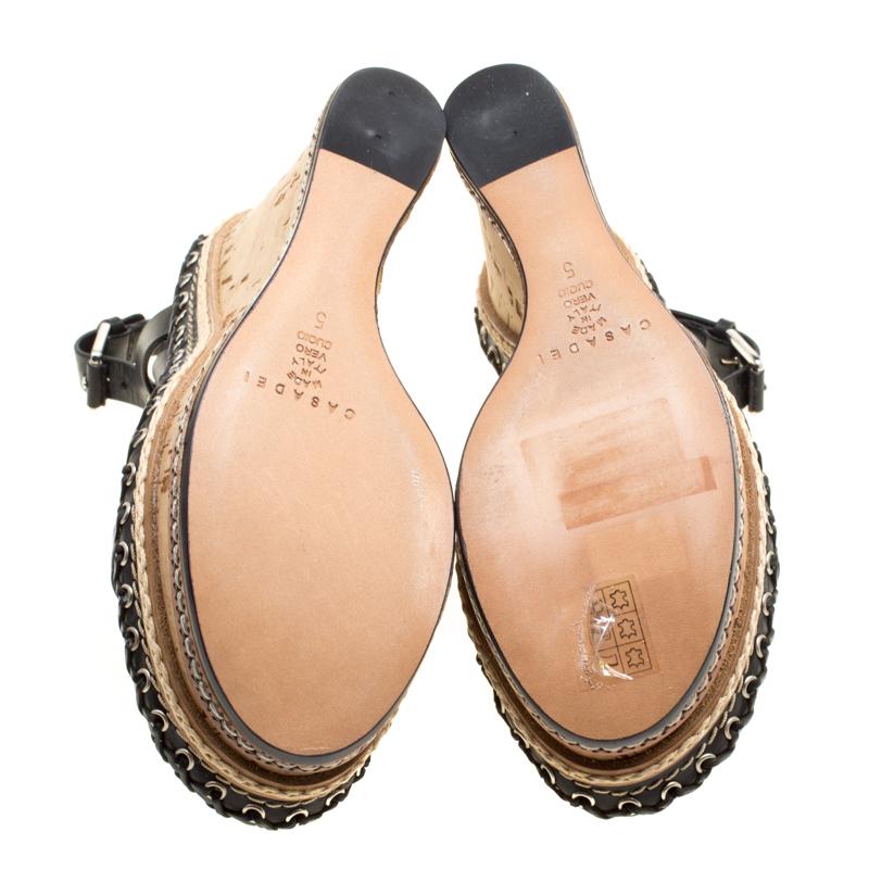 Casadei Black Leather Cork Wedge T Strap Sandals Size 35 3