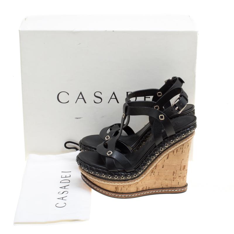 Casadei Black Leather Cork Wedge T Strap Sandals Size 35 4