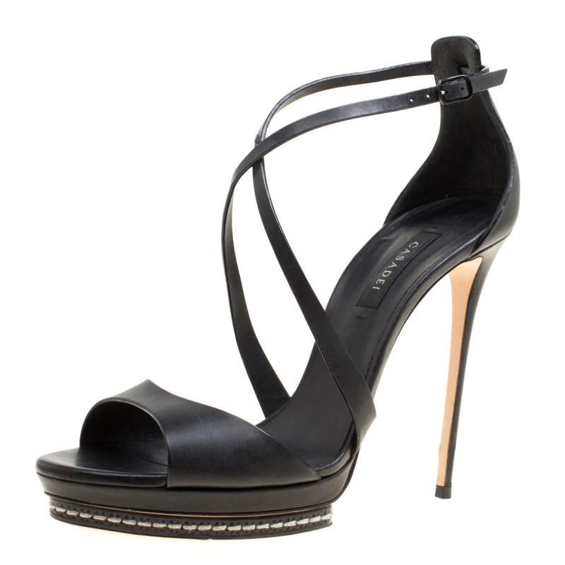 Casadei Black Leather Cross Strap Platform Sandals Size 39 Damen