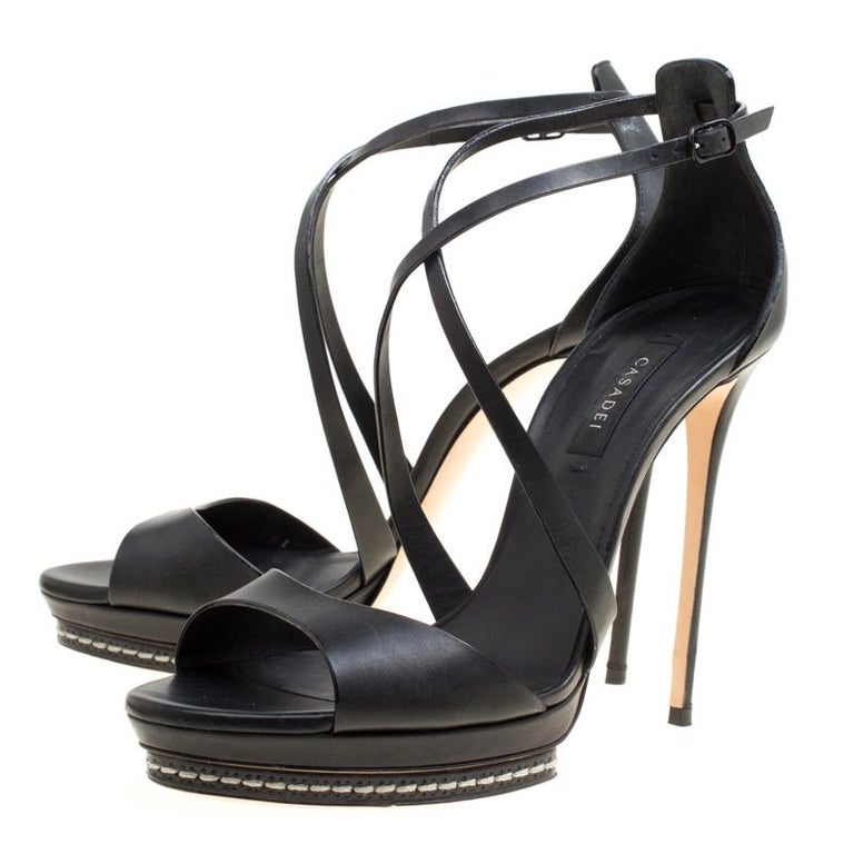 Casadei Black Leather Cross Strap Platform Sandals Size 39