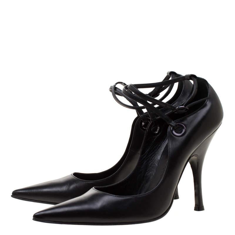 Women's Casadei Black Leather Pointed Toe Ankle Strap Pumps Size 40