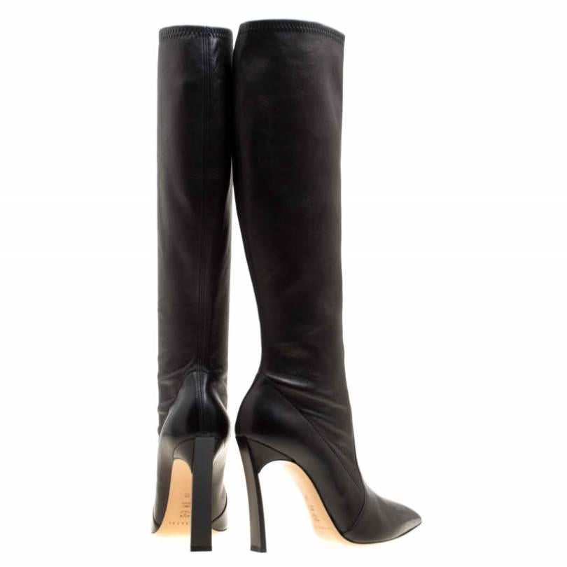 Casadei Black Leather Pointed Toe Knee Length Boots Size 40 In New Condition In Dubai, Al Qouz 2