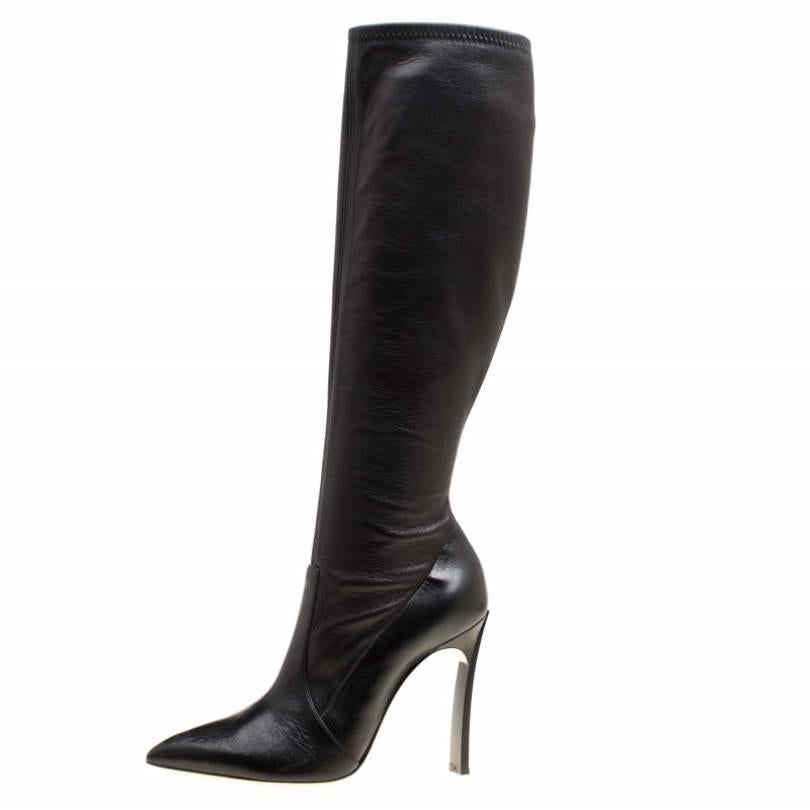 Casadei Black Leather Pointed Toe Knee Length Boots Size 40 1