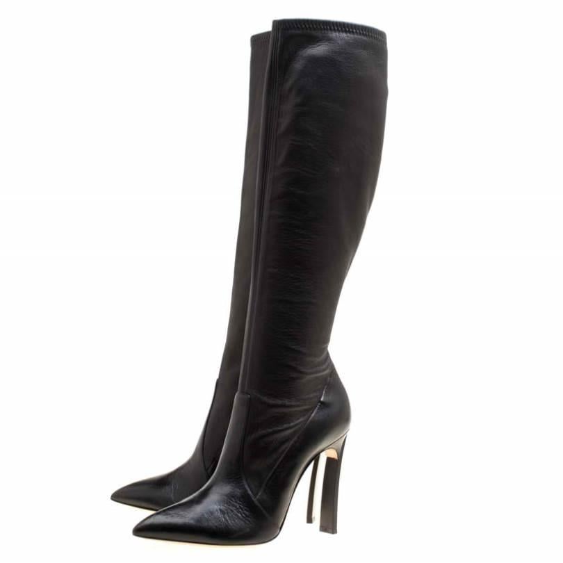 Casadei Black Leather Pointed Toe Knee Length Boots Size 40 3