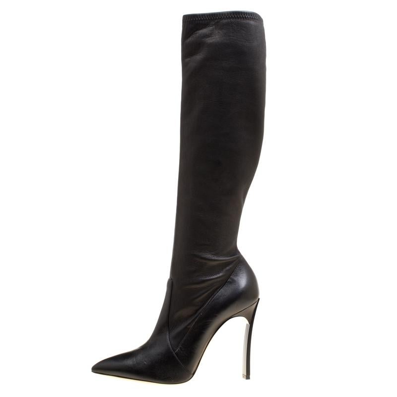 Casadei Black Leather Pointed Toe Knee Length Boots Size 41 In New Condition In Dubai, Al Qouz 2