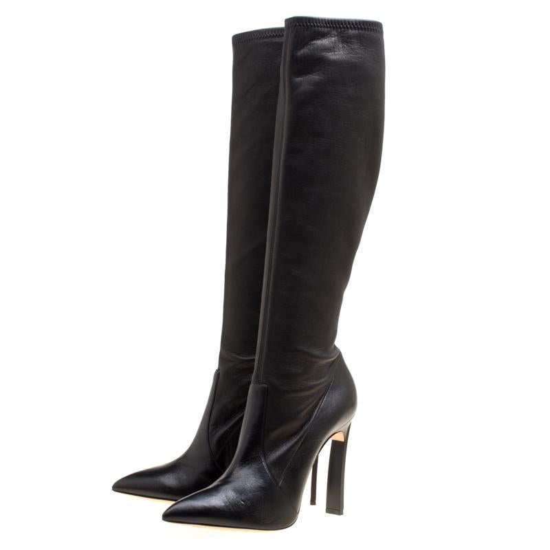 Casadei Black Leather Pointed Toe Knee Length Boots Size 41 2