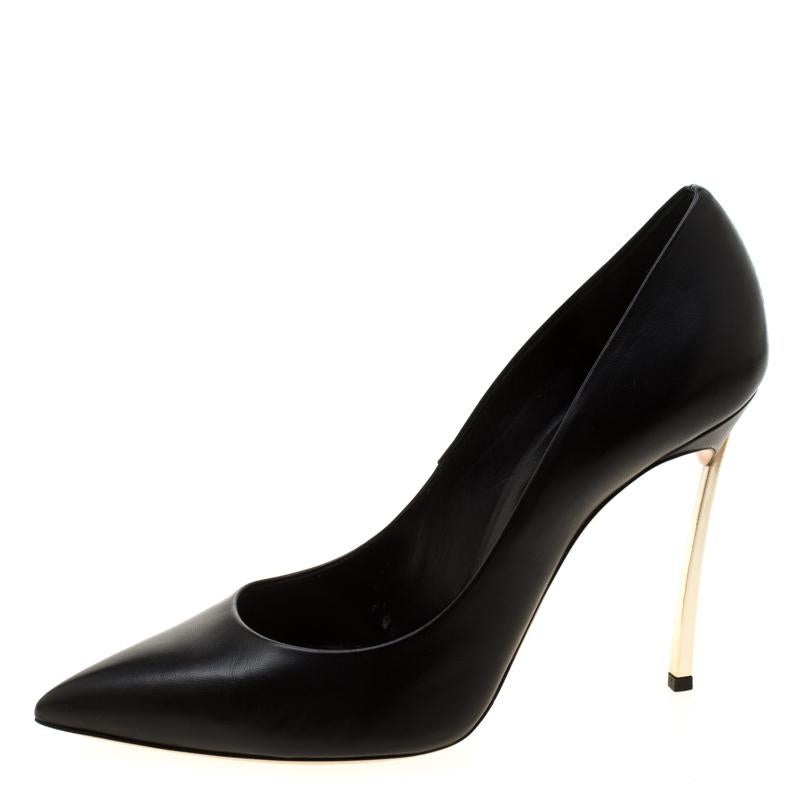 Designed to perfection, these pumps are from the renowned luxury house of Casadei. They are crafted from black leather and designed with pointed toes and 11 cm heels. Look bright and lively in this pair.

Includes: Original Dustbag, Original Box


