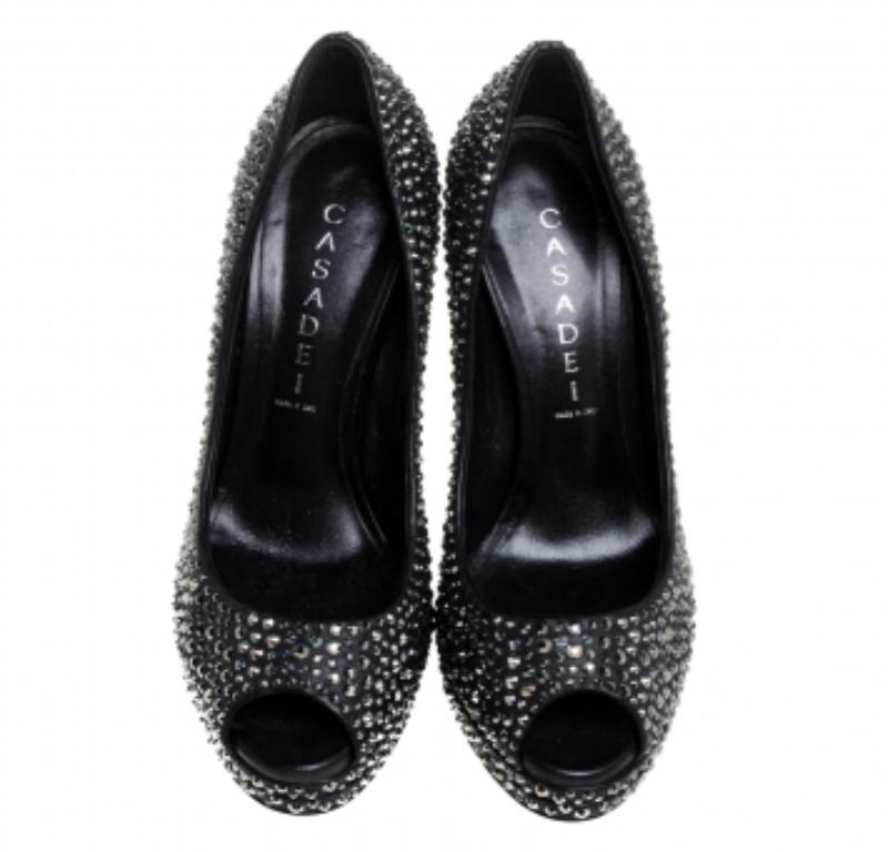 Casadei Black Leather Swarovski Crystal Embellished Peep Toe Pumps Size 37 In Good Condition For Sale In Dubai, Al Qouz 2