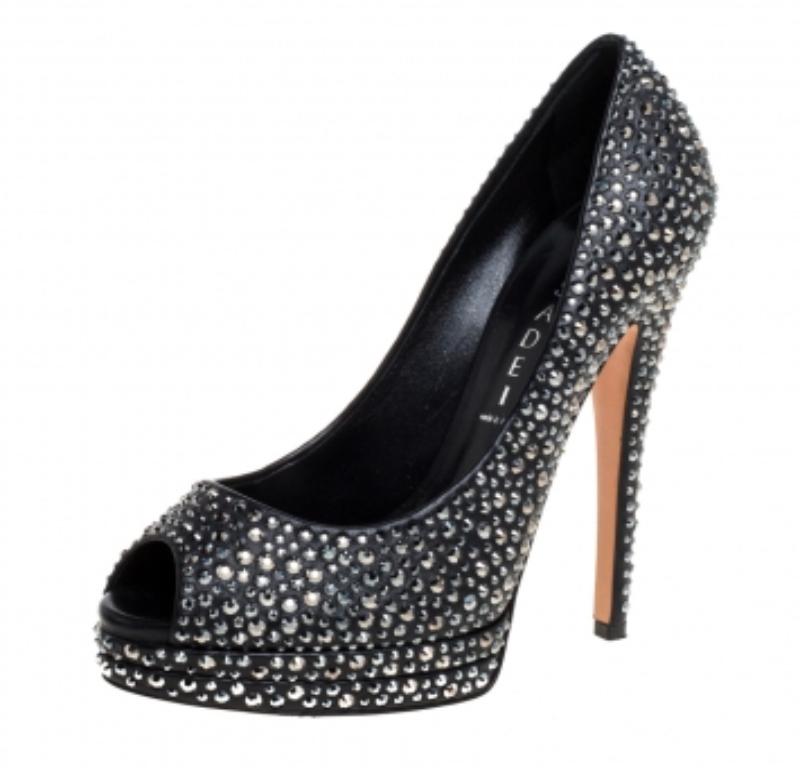 Women's Casadei Black Leather Swarovski Crystal Embellished Peep Toe Pumps Size 37 For Sale