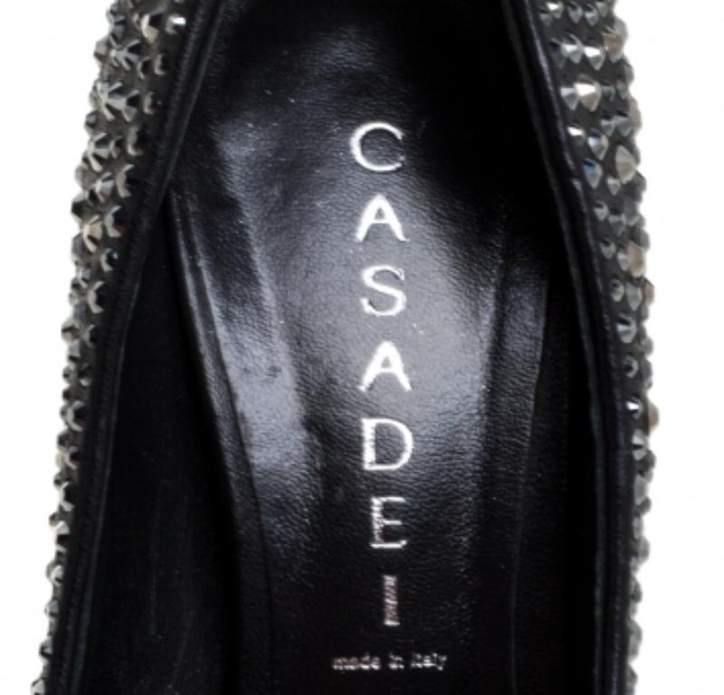 Casadei Black Leather Swarovski Crystal Embellished Peep Toe Pumps Size 37 For Sale 1