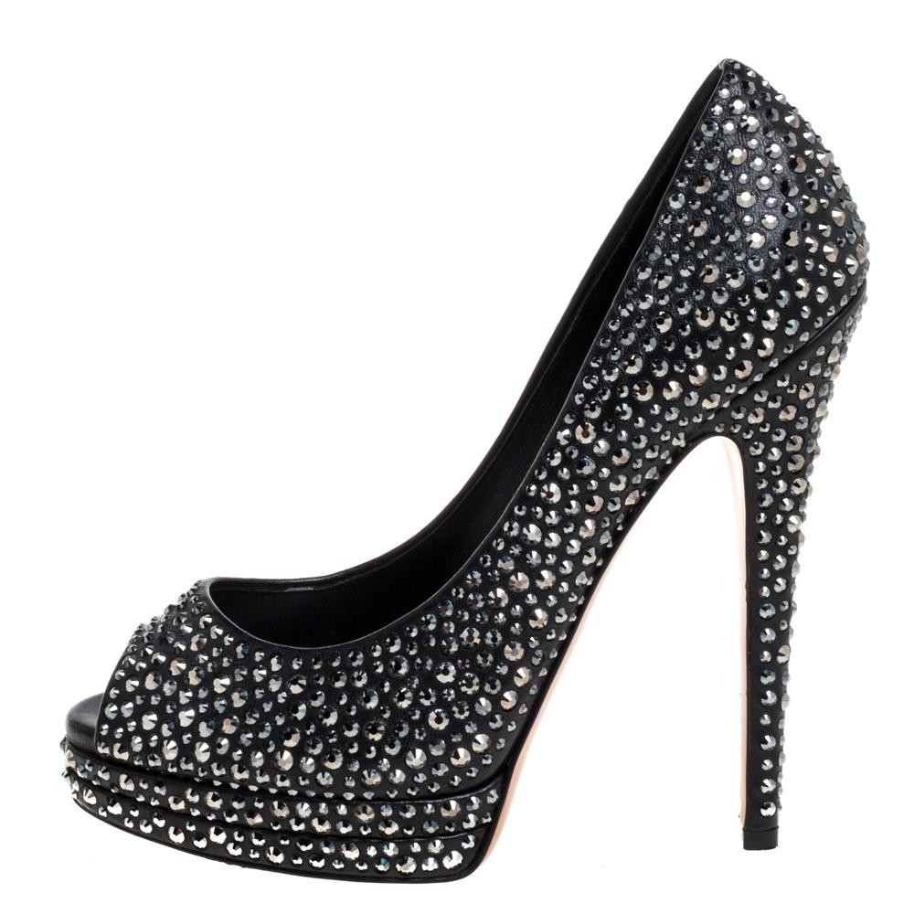 Women's Casadei Black Leather Swarovski Crystal Embellished Peep Toe Pumps Size 37 For Sale