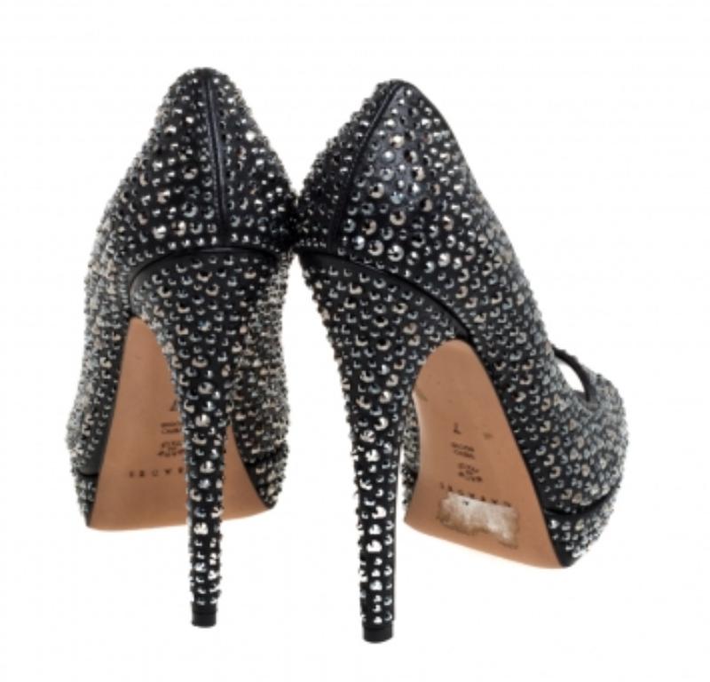 Casadei Black Leather Swarovski Crystal Embellished Peep Toe Pumps Size 37 For Sale 2