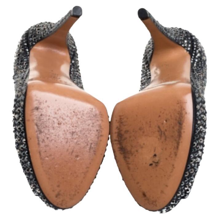 Casadei Black Leather Swarovski Crystal Embellished Peep Toe Pumps Size 37 For Sale 3