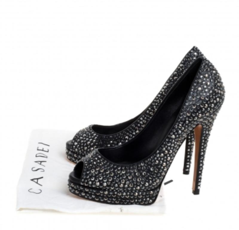 Casadei Black Leather Swarovski Crystal Embellished Peep Toe Pumps Size 37 For Sale 4