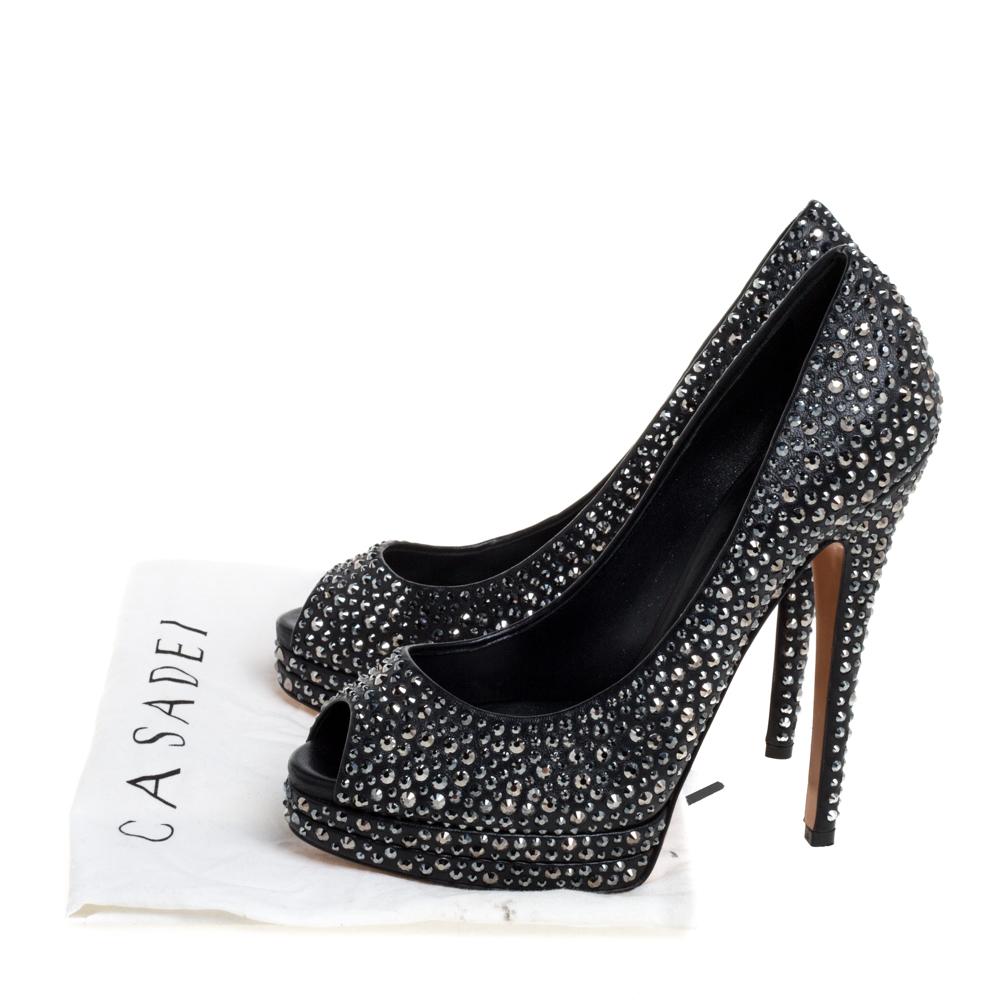 Casadei Black Leather Swarovski Crystal Embellished Peep Toe Pumps Size 37 For Sale 3