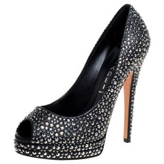 Casadei Black Leather Swarovski Crystal Embellished Peep Toe Pumps Size 37