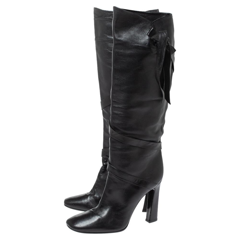 Women's Casadei Black Leather Wrap Strap Knee High Boots Size 40