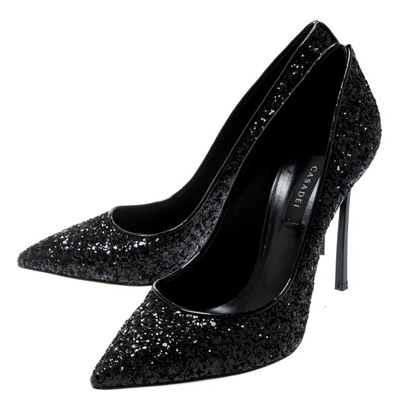 Casadei Schwarze Metallic Glitter Pumps mit spitzer Zehe 38 Damen