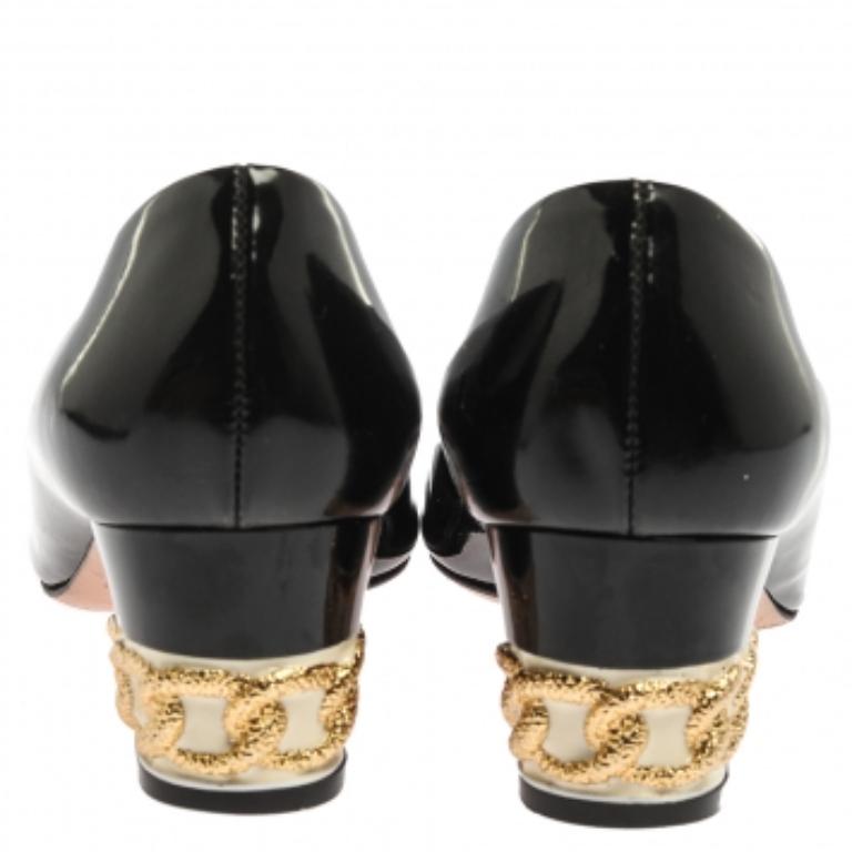 Casadei Black Patent Leather Chain Embellished Block Heel Pumps Size 37 For Sale 1