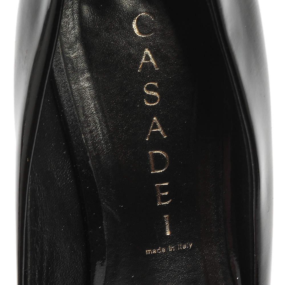 Casadei Black Patent Leather Chain Embellished Block Heel Pumps Size 37 3
