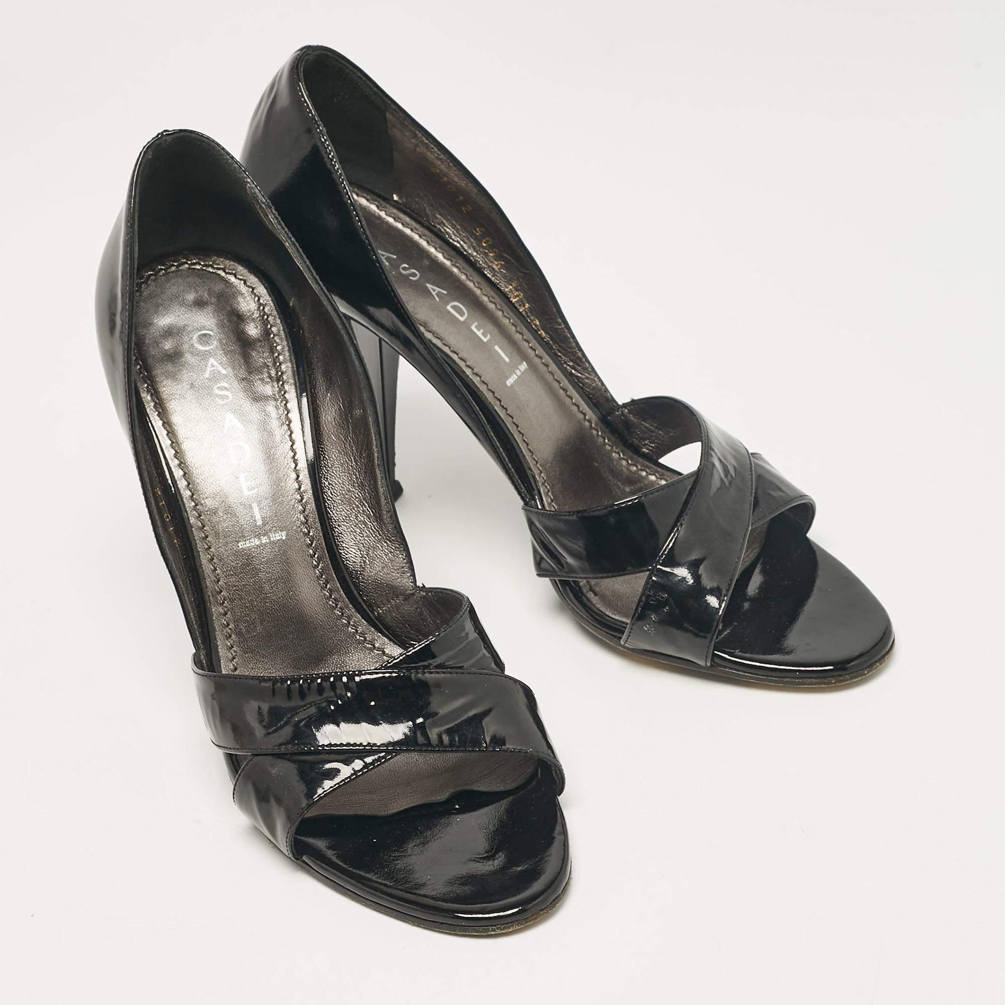 Women's Casadei Black Patent Leather Crystal Embellished Heel Open Toe Pumps Size 38 For Sale