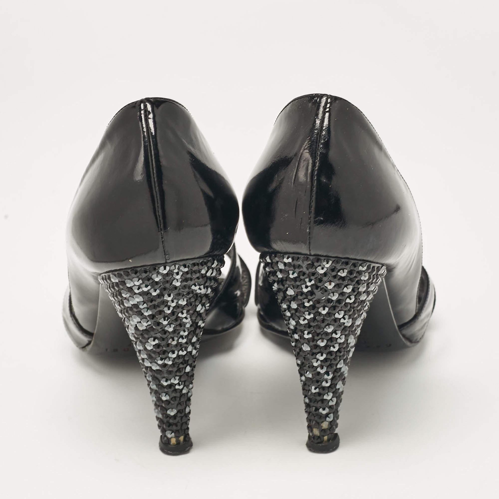 Casadei Black Patent Leather Crystal Embellished Heel Open Toe Pumps Size 38 For Sale 1