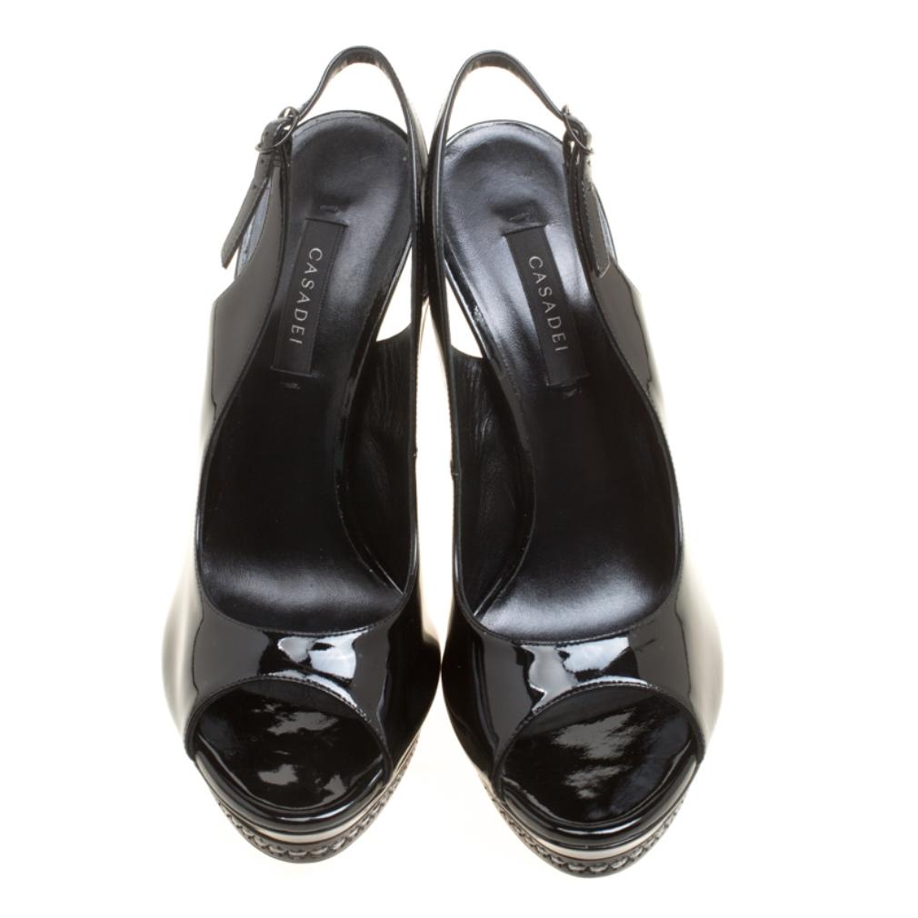 Casadei Black Patent Leather Peep Toe Platform Slingback Sandals Size 38.5 In New Condition In Dubai, Al Qouz 2