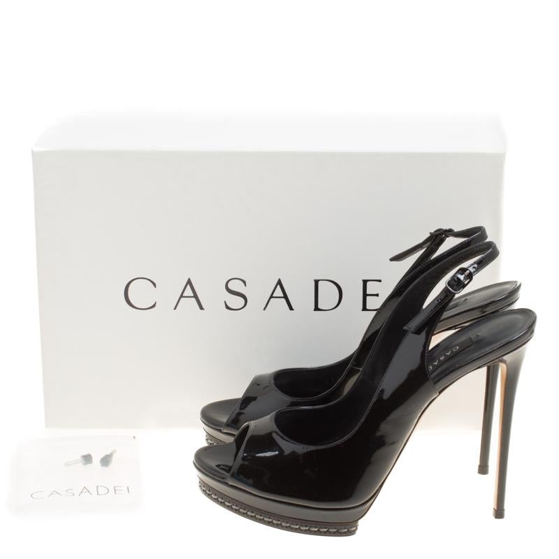 Casadei Black Patent Leather Peep Toe Platform Slingback Sandals Size 38.5 4