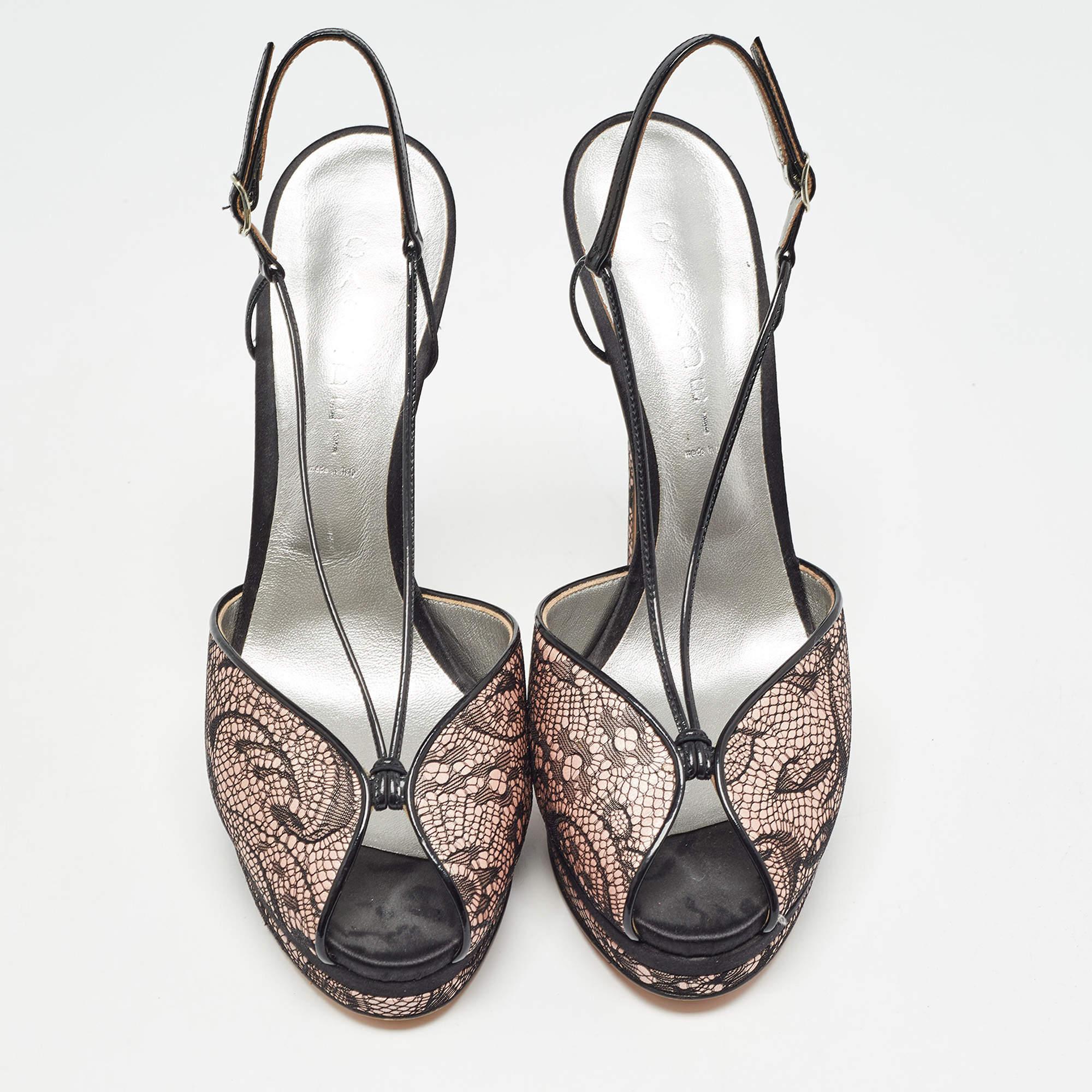 Gray Casadei Black/Pink Lace and Satin Ankle Strap Sandals Size 41 For Sale