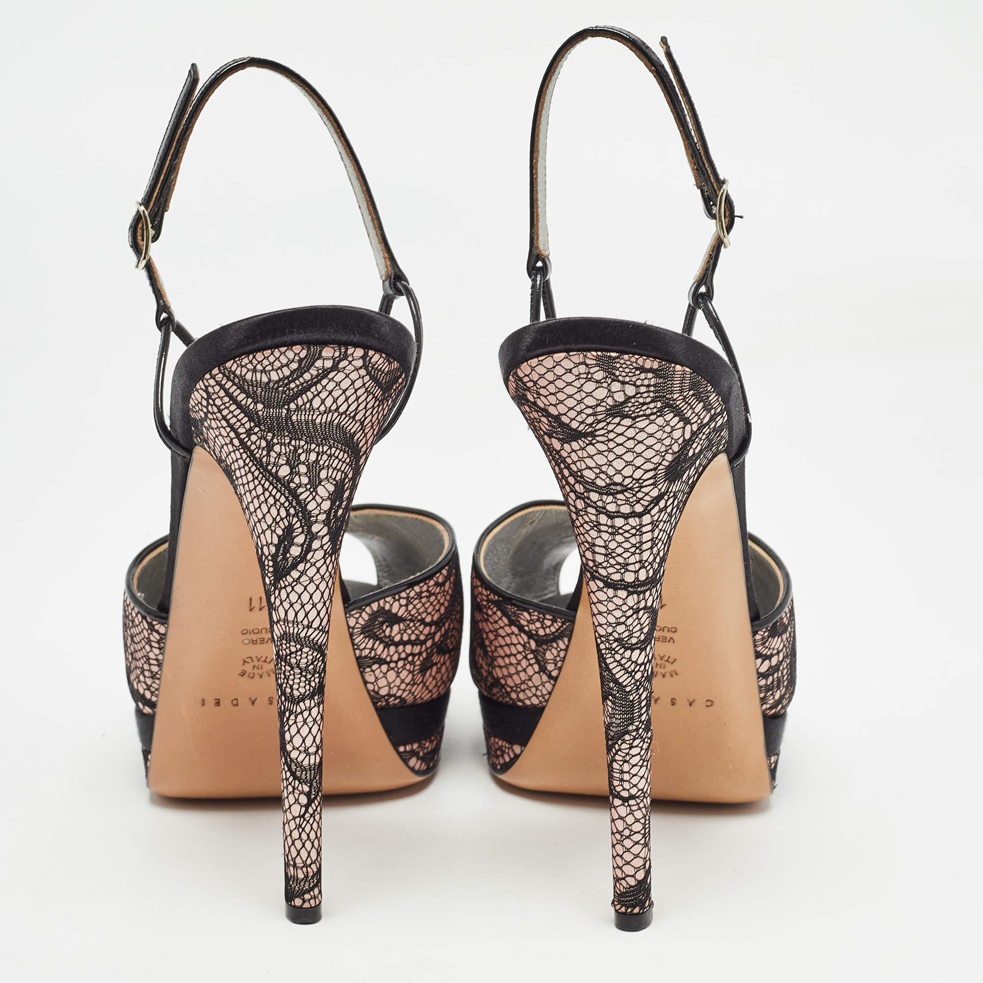 Women's Casadei Black/Pink Lace and Satin Ankle Strap Sandals Size 41 For Sale