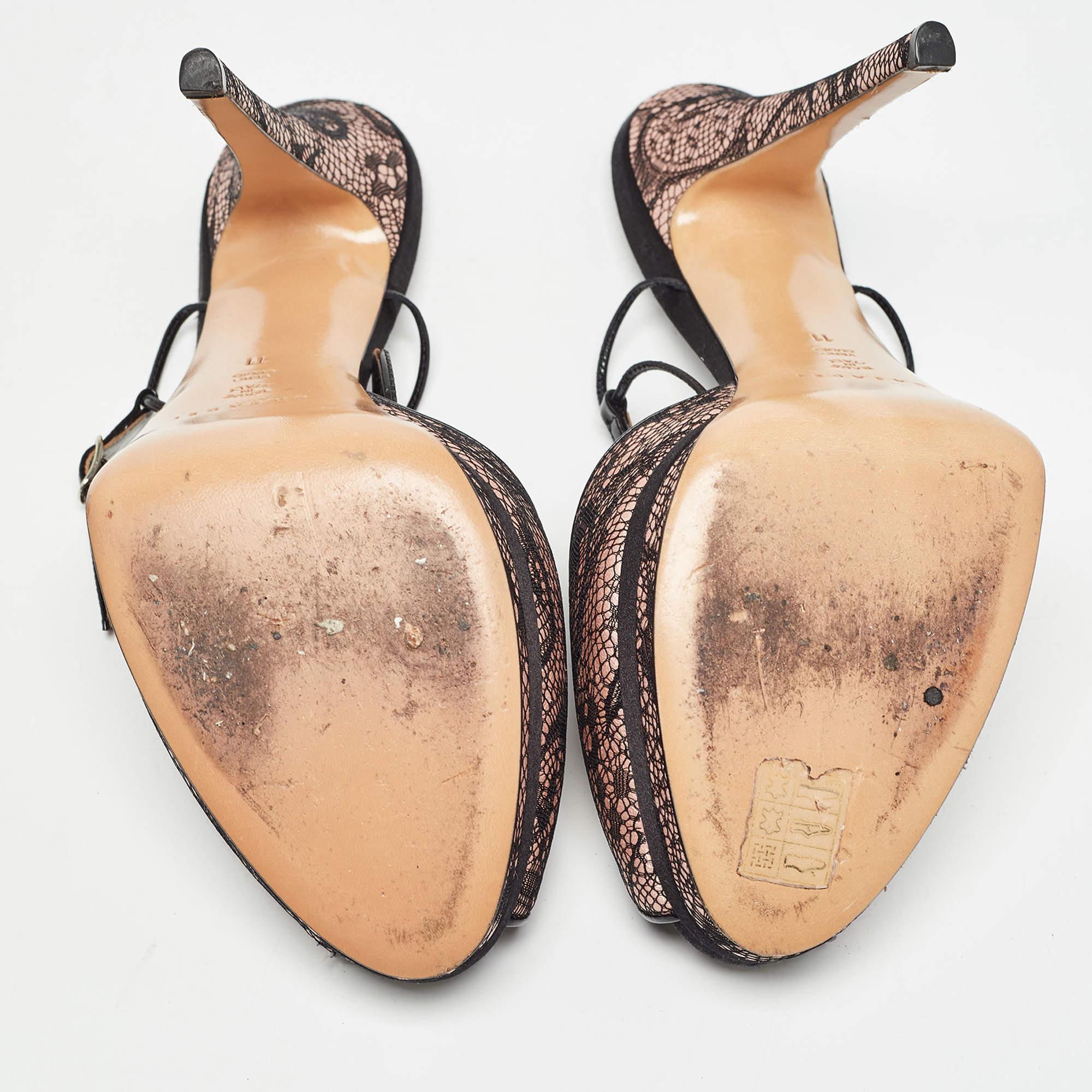 Casadei Black/Pink Lace and Satin Ankle Strap Sandals Size 41 For Sale 1