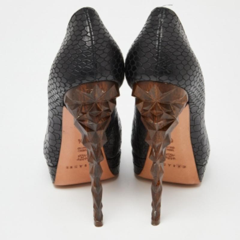 Casadei Black Python Embossed Leather Platform Pumps Size 36.5 For Sale 2