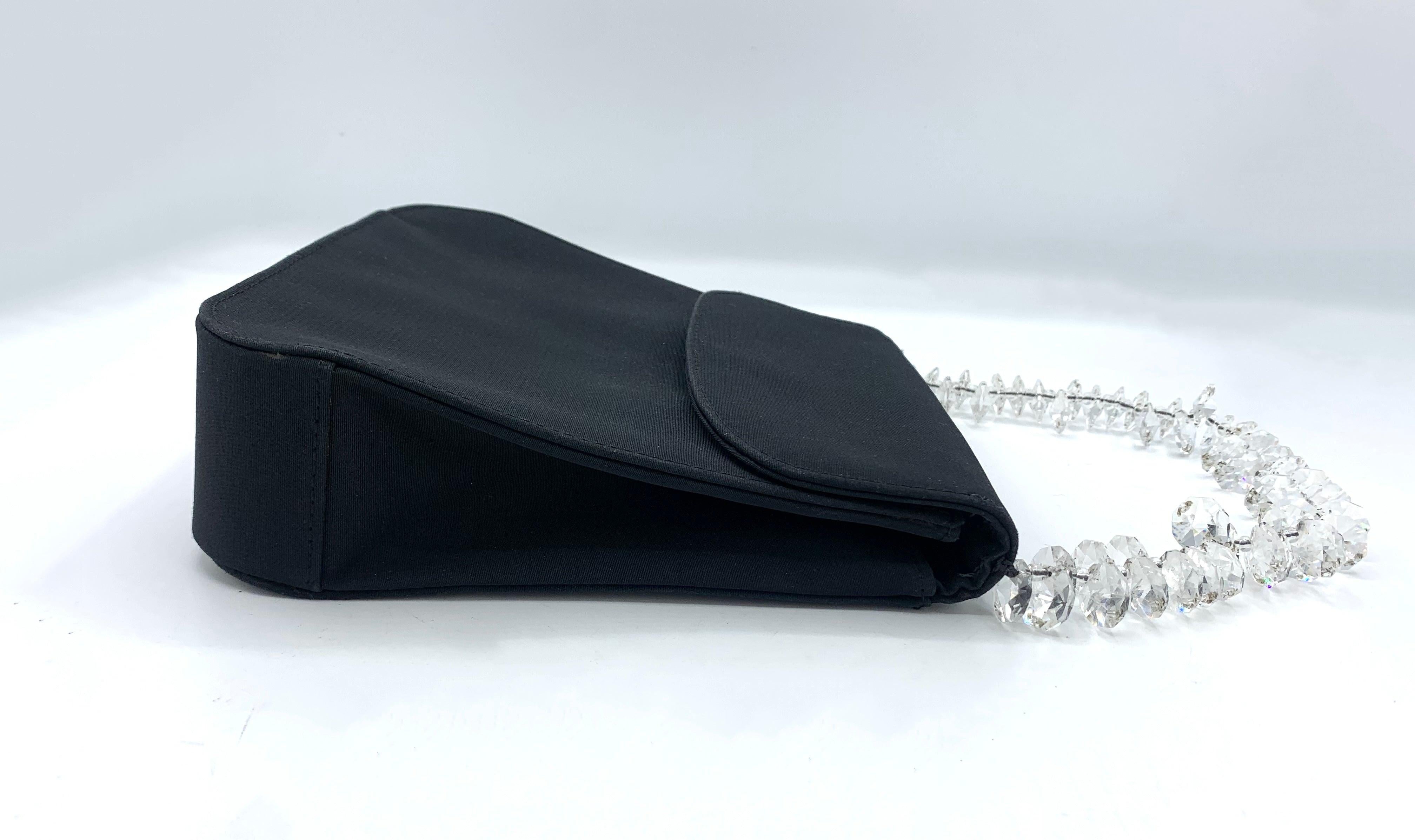 Casadei Black Satin Bag with Simulated Crystal Handle, 1990s In Excellent Condition For Sale In Los Angeles, CA