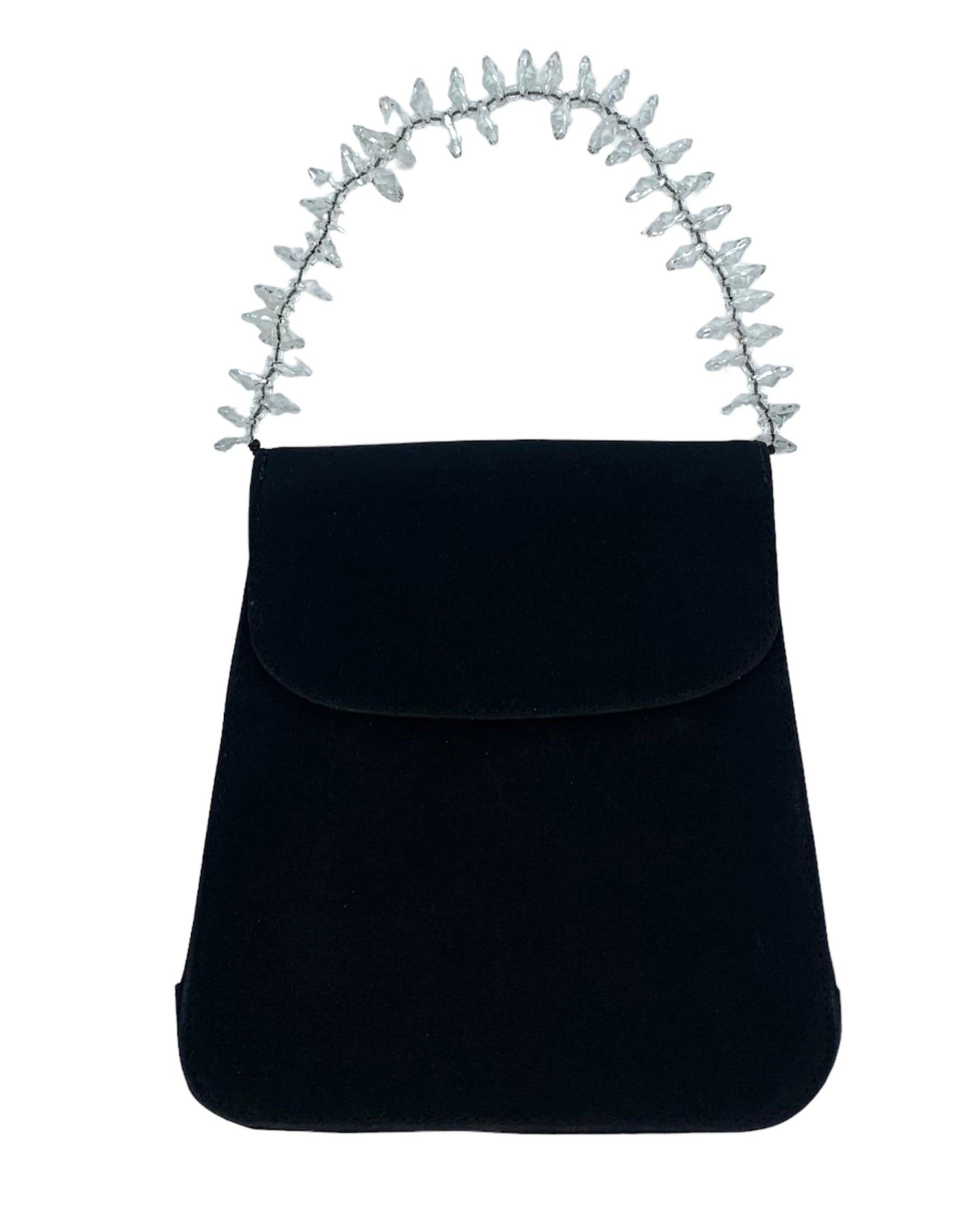 Casadei Black Satin Bag with Simulated Crystal Handle, 1990s For Sale