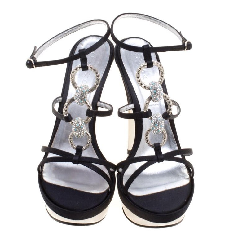 Casadei Black Satin Crystal Embellished Platform Strappy Sandals Size ...