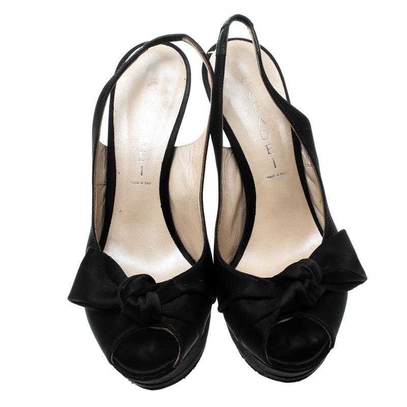 Casadei Black Satin Peep Toe Slingback Sandals Size 37 In Good Condition In Dubai, Al Qouz 2