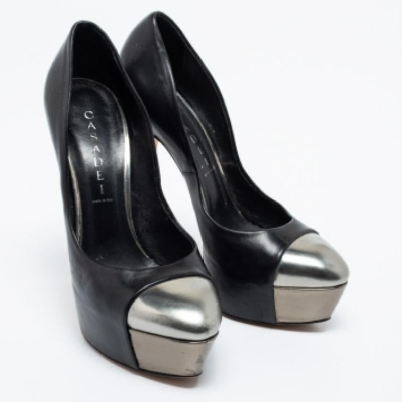 Women's Casadei Black/Silver Leather Cap Toe Platform  Pumps Size 38 For Sale