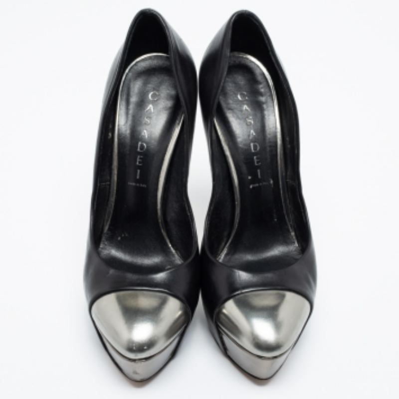 Casadei Black/Silver Leather Cap Toe Platform  Pumps Size 38 For Sale 2