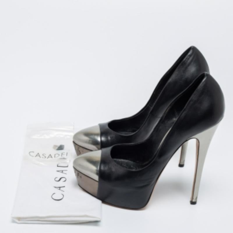 Casadei Black/Silver Leather Cap Toe Platform  Pumps Size 38 For Sale 4