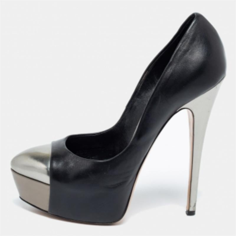 Casadei Black/Silver Leather Cap Toe Platform  Pumps Size 38 For Sale