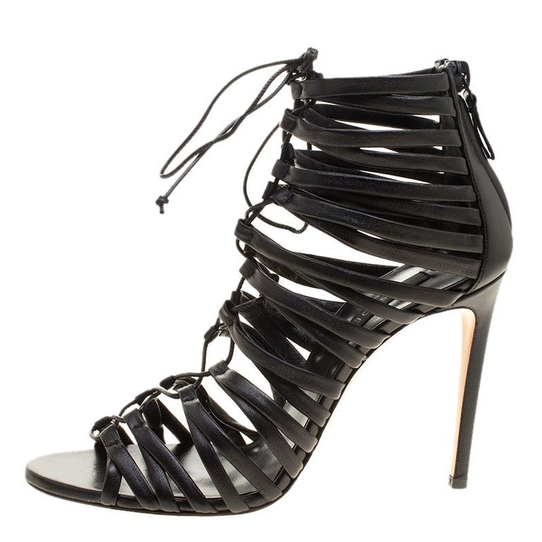 Casadei Black Strappy Leather Lace Up Gladiator Sandals Size 37.5 For ...
