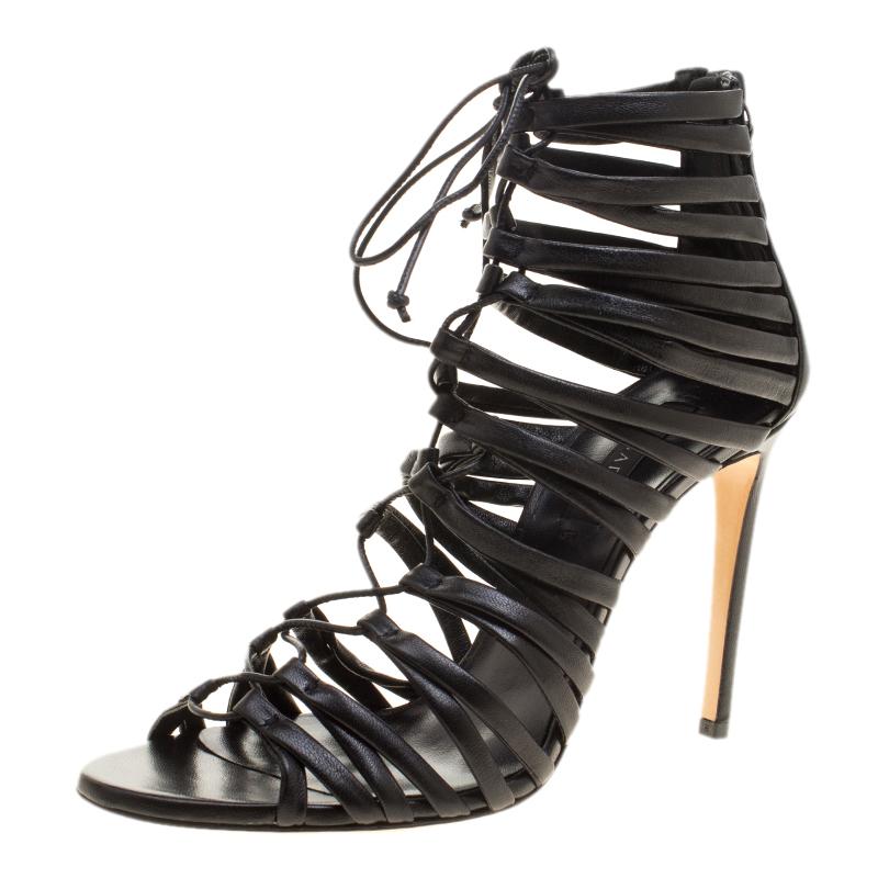 Casadei Black Strappy Leather Lace Up Gladiator Sandals Size 37.5