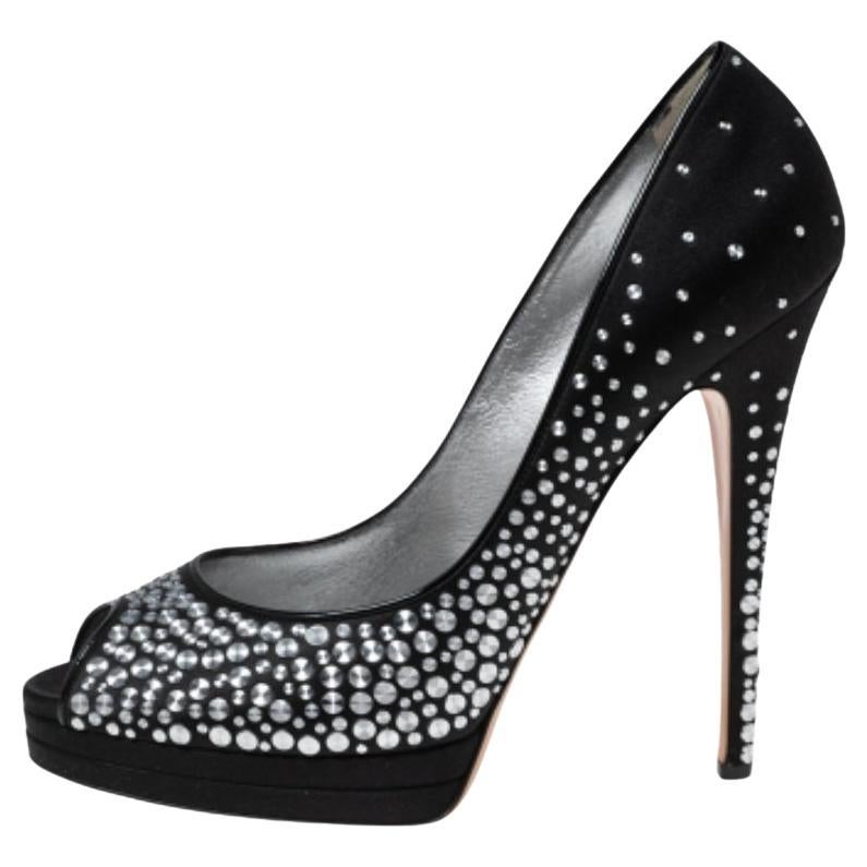 Casadei Black Studded Satin Peep-Toe Platform Pumps Size 40.5 For Sale