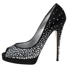 Casadei Black Studded Satin Peep-Toe Platform Pumps Size 40.5